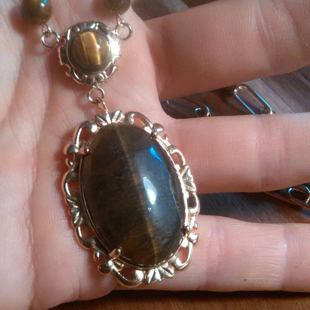 Tiger's Eye Ion Plated Yellow Gold over Stainless Steel Necklace